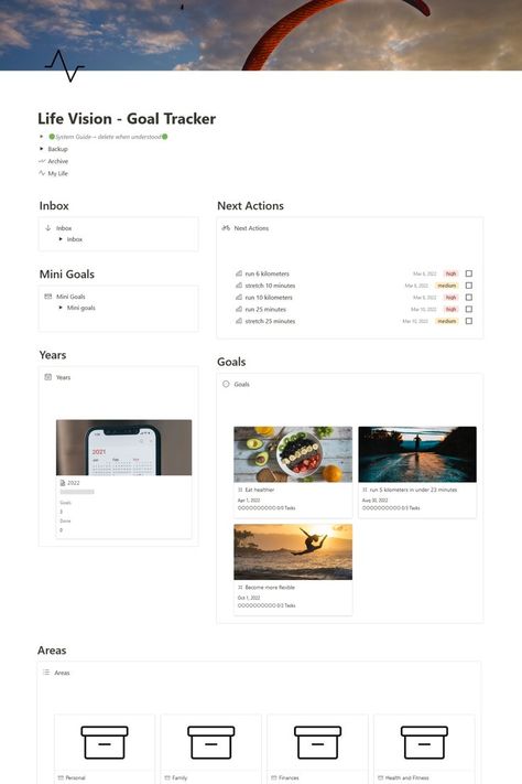 With this notion template you can track your goals and save what you want in life and what you want to achieve. This contains     Goal database
    Actions -> Tasks
    Monthly Goals
    Yearly Goals
    Areas
    A place to store your life vision
    A page where you can write down pros and cons for something you are not sure if you want to do it. Download now for free. Goal Tracker Template, Free Vision Board Template, Life Tracker, Template Free Printable, Goals Bullet Journal, Goal Setting Template, Goals Template, Monthly Planner Template, Goal Journal