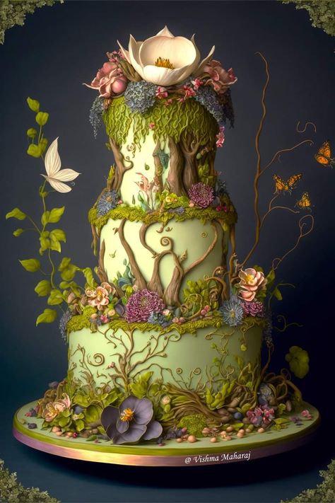 Woodland Fairy Cake, Enchanted Forest Cake, Fairy Garden Cake, Nature Cake, Fairy Birthday Cake, Birthday Cake Decorating Ideas, Woodland Cake, Fantasy Cake, Garden Cakes