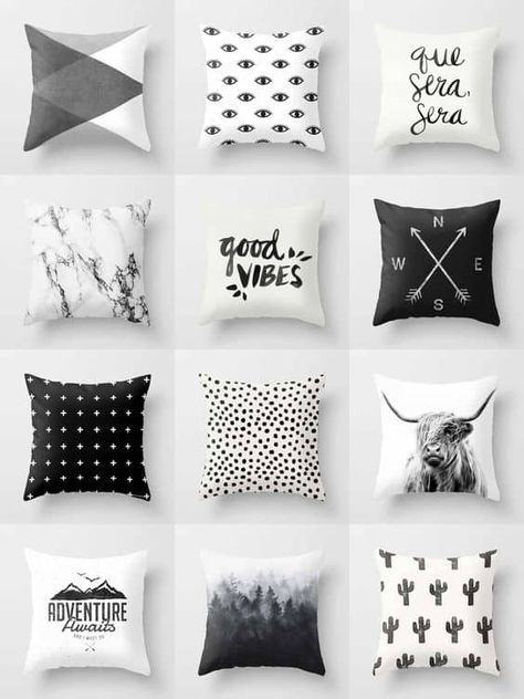 Inspirations for pillow designs you can make with sharpies. Types Of Pillows, Black And White Pillows, Bantal Sofa, Dekorasi Kamar Tidur, Geometric Throw Pillows, White Throw Pillows, White Pillows, White Decor, Dream Room