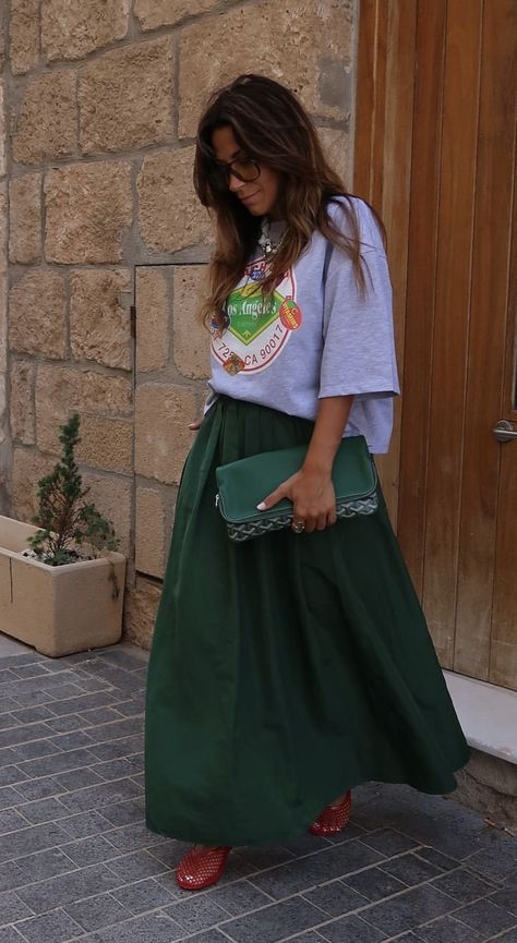 Forest Green Skirt Outfit, All Black With Pop Of Color Outfits, Botanic Garden Outfit, Church Casual Outfit, Green Skirt Outfit, Army Green Outfit, Forest Green Skirt, Green Skirt Outfits, Adidas Gazelle Outfit