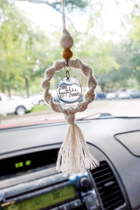 Macrame Gifting Ideas, Diy Car Hanging Accessories, Fun Car Accessories, Macrame Round, Macrame Headband, Car Mirror Decorations, Car Hanging Accessories, Simpul Makrame, Boho Crafts Diy