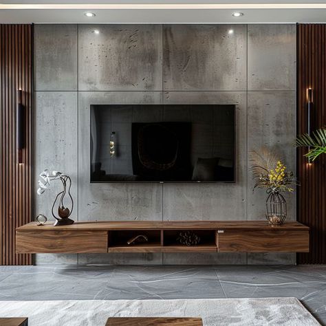 Tv Unit Diy Ideas, Tv Back Wall Design, Living Area Tv Unit Design, Tv Unit Minimal, Concrete Tv Unit, Minimal Tv Wall Design, Tv Wall Lighting, Minimal Tv Unit Design, Living Area Design Interiors