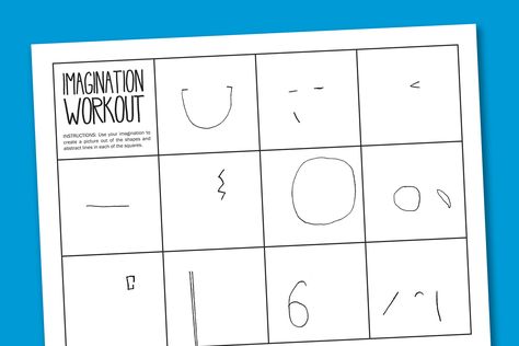 Imagination Workout Free Printable Art Worksheet - Good for creative thinking module in any course Finish The Drawing Challenge, Imagination Worksheet, Workout Worksheet, Doodle Prompts, Finish The Drawing, Art Worksheets Printables, Workout Printable, Vocabulary Test, Mini Pictures