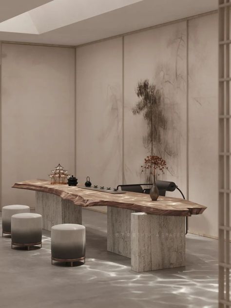 Chinese Tea Room, Centre Table Design, Zen Interiors, Tea Lounge, Spa Interior Design, Communal Table, Spa Interior, Centre Table, Modern Dining Room Tables