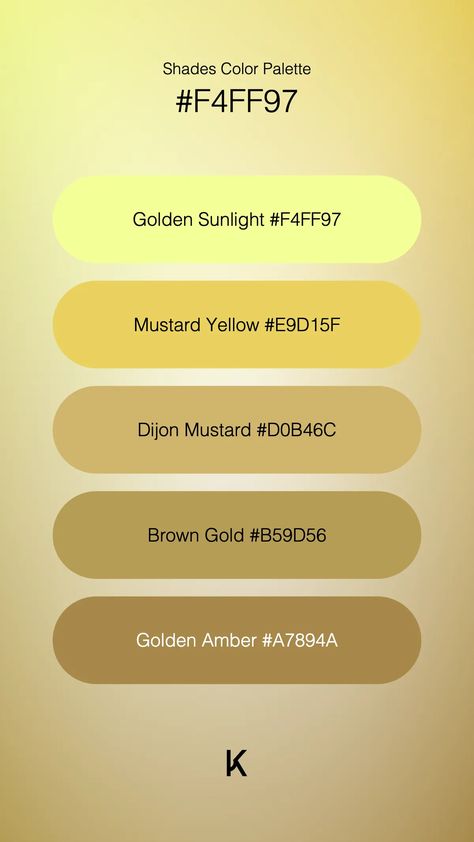 Shades Color Palette Golden Sunlight #F4FF97 · Mustard Yellow #E9D15F · Dijon Mustard #D0B46C · Brown Gold #B59D56 · Golden Amber #A7894A Citrine Color Palette, Color Palette Mustard, Mustard Color Palette, Hex Color Palette, Color Pallete, Golden Amber, Hex Codes, Hex Colors, Amber Color