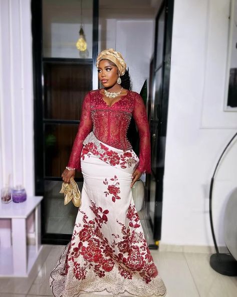 Lace Hand Styles, Red Asoebi, Nigerian Wedding Guest, Nigerian Traditional Dresses, Lace Asoebi, Bespoke Dress, Owambe Styles, Nigerian Lace Dress, Ankara Dress Designs