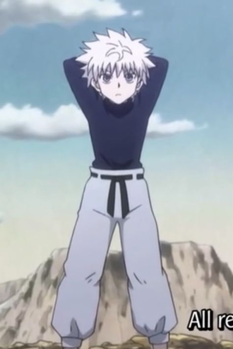 killua wore this when fightinf the ants ;) Hunter X Hunter Killua Outfits, Killua Muscles, Killua Turtleneck, Killua Outfit Hxh, Killua Chimera Ant Arc Outfit, Killua Chimera Ant Arc, Killua Clothes, Killua Costume, Killua Zoldyck Outfits