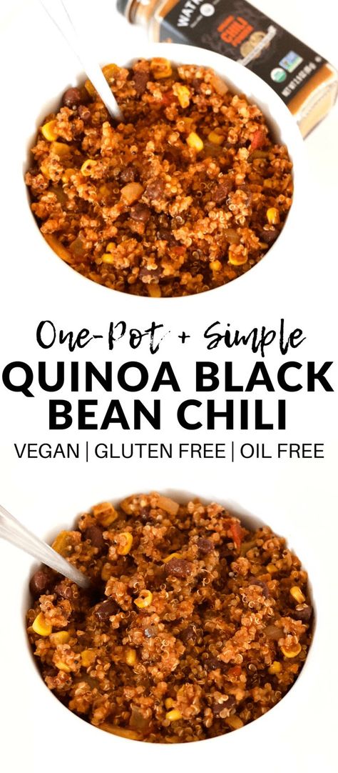 This One-Pot Quinoa Black Bean Chili is the perfect warm, cozy, and hearty meal for the holiday season! It is so easy to make - one pot and 30 minutes is all you need! This recipe is also ultra healthy and packed with nutrition - it’s vegan, gluten-free, oil-free, and absolutely delicious. Chili Vegan, Vegetarian Chili Easy, Quinoa Recipes Easy, Quinoa Chili, Black Bean Quinoa, Black Bean Chili, Chili Ingredients, Bean Chili, Hearty Meal