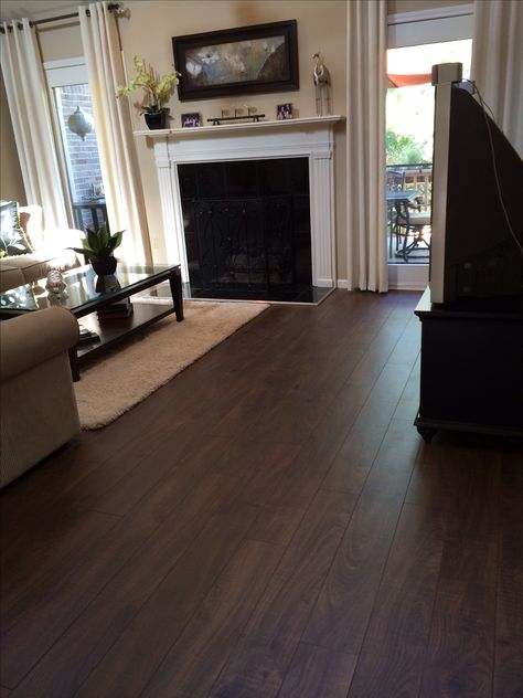 Laminate flooring! Dark Floor Carpet Living Room, Dark Laminate Flooring Living Room, Espresso Floors Living Room, Dark Wood Laminate Flooring, Dark Wood Floor Living Room, Dark Laminate Flooring, Dark Hardwood Floors Living Room, Dark Laminate, Lantai Vinil