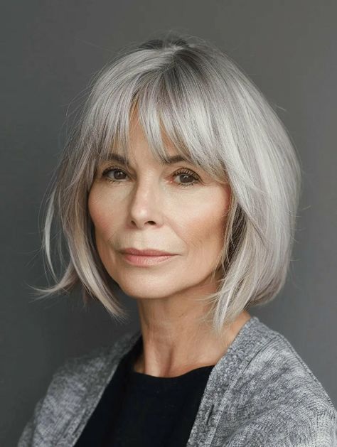 Edgy Chin Length Hair, Silver Bobs, Short Bob Hairstyles With Bangs, Bangs For Women Over 50, Claire Hair, Mum Hair, 2024 Haircuts, Hair Bobs, Grey Bob Hairstyles