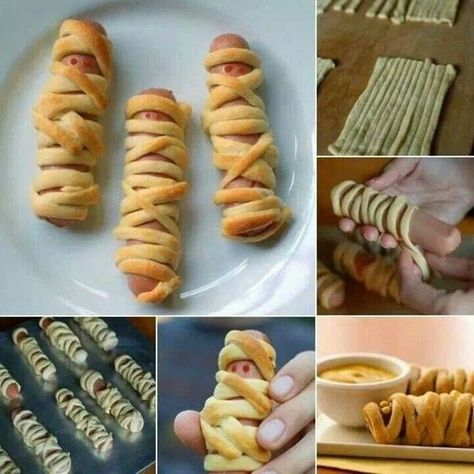 Momias de salchicha y hojaldre: Snack Halloween, Mummy Hot Dogs, Menu Halloween, Mummy Recipes, Mummy Dogs, Recetas Halloween, Halloween Fest, Halloween Snacks, Halloween Food For Party