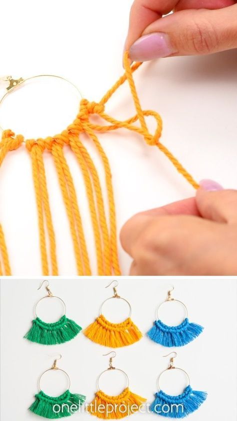 Diy Yarn Earrings, Diy Earrings Tutorial, Diy Macrame Earrings, Anting Manik, Pola Macrame, Diy Earrings Easy, Earrings Diy Handmade, Diy Fabric Jewellery, Crochet Earrings Pattern