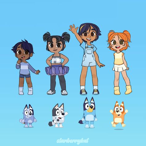 Kat/Kitkat | Me: complains about gross adult bluey fans last week Me: draws this. #bluey #blueyfanart human versions of bluey characters | Instagram Bluey Characters, Cartoon Characters As Humans, Cute Funny Cartoons, Cute Cartoon Characters, Cartoon Crossovers, Cute Little Drawings, Cute Art Styles, Kids Shows, Disney Fan Art