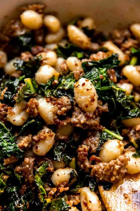 Kale Gnocchi, Sausage And Kale, Sausage Kale, Sweet Potato Gnocchi, Sausage Dishes, Mild Italian Sausage, Hot Italian Sausage, Kale Recipes, Pasta Dinners