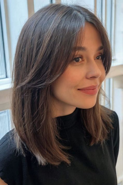 Straight Shoulder Length Hair with Bangs Haircut Ideas Low Maintenance, Low Maintenance Haircut For Straight Hair, Easy To Manage Haircuts For Women, Straight Shoulder Length Hair, Shoulder Length Haircut, Messy Beach Waves, Shoulder Length Straight Hair, Shoulder Length Hair With Bangs, Scrunched Hair