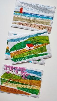 Handmade Postcards Ideas, Fabric Landscape Art, Quilted Postcards Ideas, Fabric Postcards Ideas, Applique Landscape, Fabric Collage Ideas, Fabric Landscapes, Postcard Quilts, Quilted Postcards