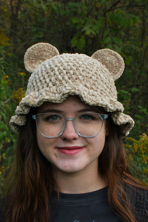 #crochet #handmade #shop #chenille #coldweatheraccessories #fiberart #shop #cozy #kawaii #harlieshandmadecreations Crochet Chenille Hat Free Pattern, Crochet Chenille Hat, Crochet Bucket Hat With Ears, Teddy Bear Bucket Hat, Cozy Kawaii, Bear Bucket Hat, Fun Crochet Bucket Hat, One Size, Cute Pink Crochet Bucket Hat, Crochet Handmade