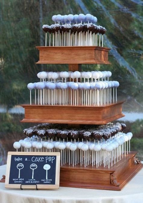 Wedding Cake Alternatives - Cake Pop Tower Alternative Wedding Cakes, Cake Pop Displays, Wedding Cake Pops, Cake Pop Stands, Wedding Cake Alternatives, Wedding Dessert, Snacks Für Party, Cake Balls, Cupcake Cake