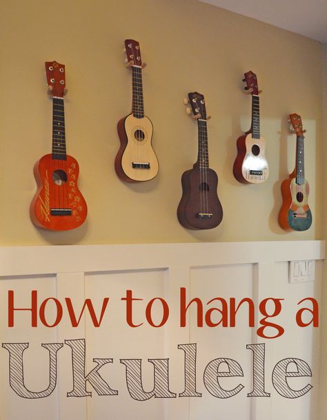 How to Hang a Ukulele - wrap1/16" Jute Rope around a 1/4" x 3 1/2" Screw-In Tool Hook ($1) from Home Depot Teaching Ukulele, Ukulele Diy, Ukulele Wall Mount, Learning Ukulele, Cool Ukulele, Ukulele Tutorial, Ukulele Music, Ukulele Lesson, Ukulele Songs