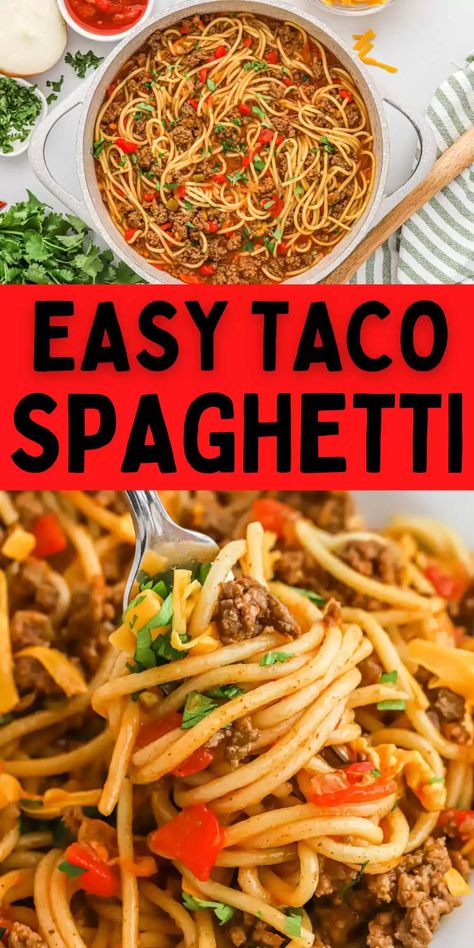 Taco Spaghetti Recipe - Eating on a Dime Taco Spaghetti Recipe, Recipes Tacos, Taco Pasta Recipes, Dinner Noodles, Spaghetti With Ground Beef, Spagetti Recipe, Spaghetti Recipes Easy, Beef Recipes For Dinner Easy, Taco Spaghetti