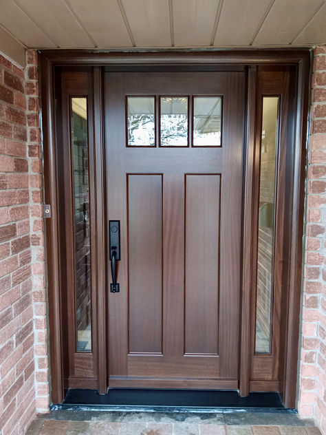 Black Craftsman Front Door, Wood Front Door With Sidelights, Front Entry Doors With Sidelights, Transitional Front Door, Front Door With Side Panels, Mens Decor, Solid Exterior Door, Amberwood Doors, Craftsman Front Door