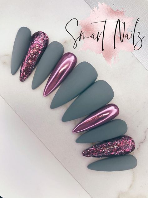 Press on Nails Matte Grey/ Chrome False Nails Press on - Etsy Grey Matte Nails Almond, Matte Nails With Jewels, Chrome And Matte Nails, Matte And Chrome Nails, New Trendy Nails, Trendy Nails Matte, Nailart Autumn, Grey Matte Nails, Smart Nails