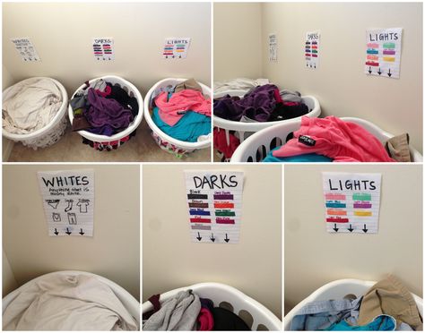 Do a color code for your kids that are learning how to sort laundry so they will get used to what goes in lights, dark's and whites. They can hold their dirty clothes up to the colors to help them decide where they go. How To Sort Laundry Colors, Seperate Laundry Clothes, Washing Clothes Color Guide, Color Coded Cleaning Cloths, Laundry Clothes Sorting, Clean Laundry Sorting Ideas, How To Separate Laundry Colors, Laundry Color Sorting Chart, Laundry Sorting Ideas