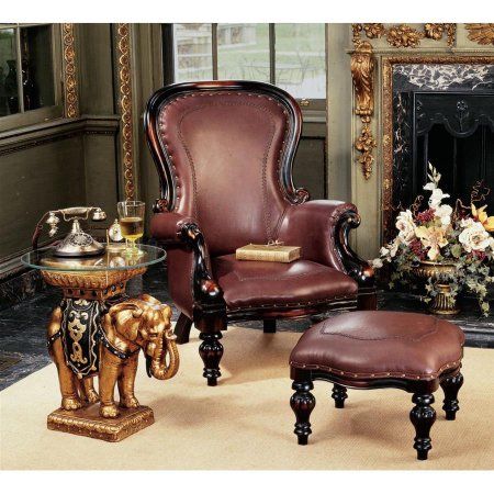 Room Reading Nook, Leather Wing Chair, Reading Chairs, Faux Leather Ottoman, Drawing Room Decor, Victorian Parlor, Faux Leather Chair, Dark Mahogany, Chair And Ottoman Set