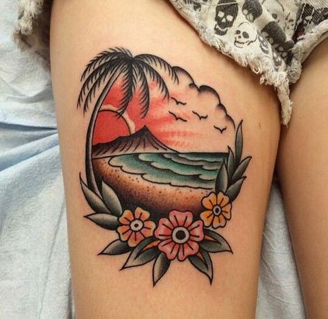 Hawaiian Tattoo Designs With Meanings 6 Beach Landscape Tattoo, Hai Tattoo, Nautical Tattoos, Scenery Tattoo, 27 Tattoo, Tropical Tattoo, Hawaii Tattoos, Island Tattoo, Surf Tattoo