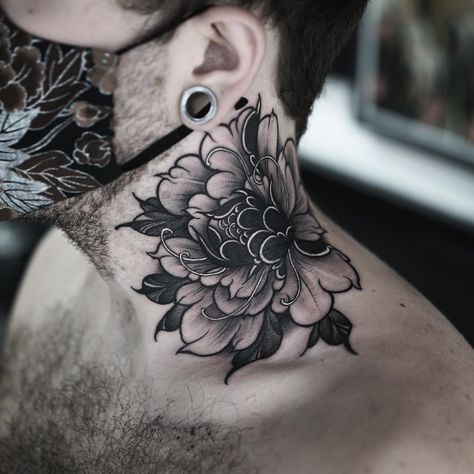 Peony Neck Tattoo, Neck And Throat Tattoos Men, Flower Neck Tattoo, Side Neck Tattoo, Japanese Flower Tattoo, Throat Tattoo, Blackout Tattoo, The Language Of Flowers, Neck Tattoo For Guys