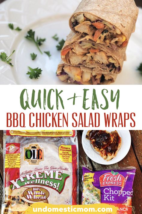 BBQ Chicken Salad Wrap - Undomestic Mom - Super Simple barbecue chicken wraps that are healthy and delicious. Weeknight Meal Ideas, Barbecue Sauce Chicken, Bbq Chicken Wraps, Grilled Chicken Strips, Salad Kit, Easy Bbq Chicken, Bbq Chicken Thighs, Salad Wrap, Chicken Salad Wrap