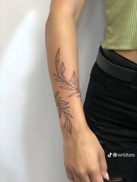 Forearm Leaf Tattoo Women, Leaf Patchwork Tattoo, Small Wrist Wrap Tattoos, Vine Up The Arm Tattoo, Vines Around Words Tattoo, Vine Around Forearm Tattoo, Botanical Forearm Tattoo Women, Leaf Tattoo Arm Wrap, Wrap Around Forearm Tattoo Women Simple