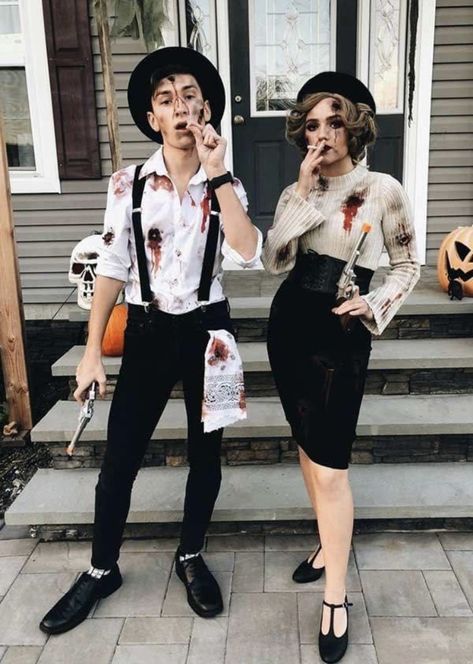 Bonnie And Clyde Halloween, Bonnie And Clyde Halloween Costume, Zombie Clothes, Halloween Costumes Diy Couples, Zombie Halloween Costumes, Diy Couples Costumes, Diy Halloween Games, Couple Costumes, Couples Halloween Outfits