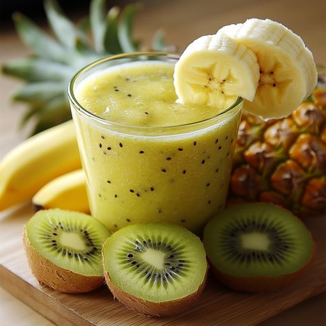 Kiwi, Banana and Pineapple Smoothie: An Explosion of Freshness and Flavors! This kiwi, banana and pineapple smoothie is the perfect blend of exotic fruits for a moment of freshness and pleasure. Simple to prepare, it is ideal to start the day or as a revitalizing snack. Ingredients : - 2 kiwis, peeled and cut into pieces - 1 banana, peeled and sliced - 200 g of fresh or canned pineapple, drained and cut into pieces - 150 ml of natural yogurt or milk (or a plant-based alternative) - 1 tablespo... Healthy Filling Breakfast, Kiwi Banana Smoothie, Kiwi And Banana, Kiwi Smoothie, Natural Yogurt, Canned Pineapple, Pineapple Smoothie, Filling Breakfast, Fair Food Recipes