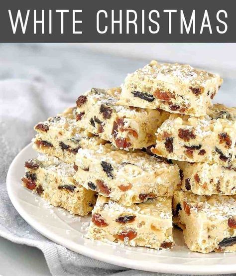 White Christmas Recipe - a traditional white Christmas recipe with rice bubbles, fruit, nuts and coconut but with a chocolate twist using caramilk chocolate. #chefnotrequired #whitechristmasrecipe Rice Bubble Recipes, Christmas Slice, No Bake Slices, Chocolate Crackles, Rice Bubbles, Cranberry Pistachio, Glace Cherries, Christmas Recipe, Puffed Rice