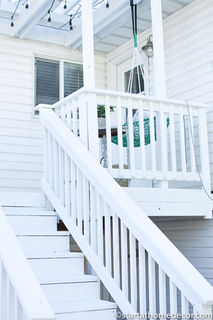 DIY-Painting a Deck white White Deck Railing Ideas, White Decks Outdoor, Painting Deck Railing, White Painted Deck, White Deck Ideas, White Wood Deck, White Deck Railing, Painting A Deck, Decking Colours