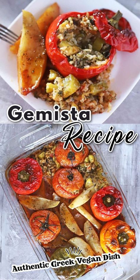 Greek stuffed vegetables – Gemista. Tomatoes and Peppers stuffed with finely chopped veggies, rice and fresh herbs. A must try meatless vegan dinner. Gemista Recipe, Vegan Greek Recipes, Greek Stuffed Peppers, Stuffed Vegetables, Greek Recipes Authentic, Chopped Veggies, Greek Recipe, Vegan Greek, Vegetable Recipe