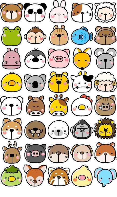 Cute Drawing Of Animal, Cute Little Animals Drawings, Animal Cute Drawing, Cute Face Drawing, Doodle Art Color, Trin For Trin Tegning, Painting Rocks Ideas, Cute Sticker Ideas, Cute Animals Drawings