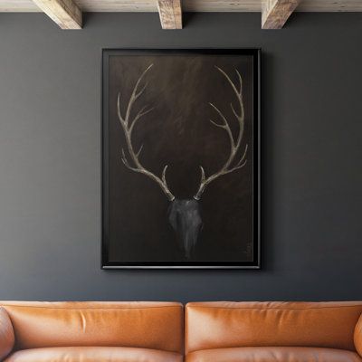 A premium framed print created to last. Framed in distressed wood. This product features a beveled solid wood stretcher bar, each piece comes ready to hand. Each piece comes with hanging hardware. Frame Color: Black, Size: 24.5" H x 18.5" W x 1.25" D | The Twillery Co.® Buck Framed On Paper Print in Black / Gray | 24.5 H x 18.5 W x 1.25 D in | Wayfair | Home Decor Masculine Decor, Wood Home Decor, Distressed Wood, The Ranch, Paper Print, Cabin Decor, How To Distress Wood, Art Sur Toile, Black House