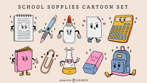 School Vector Illustration, Retro School Aesthetic, School Supplies Illustration, Back To School Graphic Design, Retro Character Design, Cartoon School Supplies, Retro School Supplies, Retro Cartoon Style, Happy School