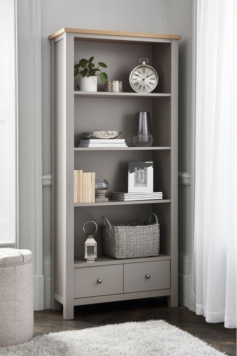 Grey Bookcase, Grey Bookshelves, Small Bathroom Shelves, Bookcase Shelf, Grey Shelves, Tall Shelves, Bookcase Styling, Bookcase Design, Oak Bookcase