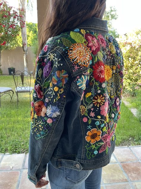 Hand Embroidered Denim Jacket for Sale in Gilbert, AZ - OfferUp Upcycle Jean Jacket, Hand Embroidered Denim, Denim Jacket Embroidery, Thrifted Denim, Embroidery Jeans Jacket, Embroidery Jeans Diy, Embroidered Fashion, Shibori Fabric, Custom Denim Jacket