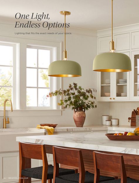 Rejuvenation - 2023_Q3_Fall_Lookbook - Page 2-3 Lights Over Kitchen Island, Purple Kitchen, Brass Interior, Interior Design Resources, Kitchen Island Lighting Pendant, Island Decor, Kitchen Lighting Fixtures, Kitchen Island Pendants, Kitchen Pendants