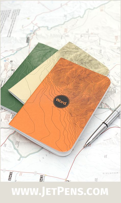 Designed to mimic a topographic map, the new Word Notebooks Terrain Edition is the perfect companion for a hiking trip. Topographic Map Design, Map Notebook, Art Catalogue, Contour Lines, Notebook Cover Design, Mountain Drawing, Hiking Map, Vintage Notebook, Teaching Supplies