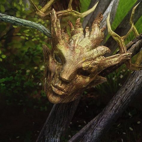 Nature Mask Art, Forest Spirit Mask, Wooden Mask Fantasy Art, Skyrim Spriggan, Wood Elf Aesthetic, Skyrim Masks, Pagan Mask, Wood Costume, Forest Mask