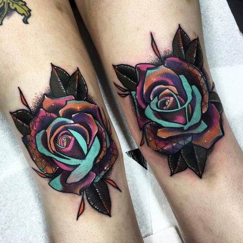 Matching pop art rose tattoos on both knees. More Flower Leg Tattoos, Tato Tradisional, Beautiful Flower Tattoos, Leg Tattoos Women, Different Tattoos, Knee Tattoo, Colorful Roses, Flower Tattoo Designs, Design Tattoo