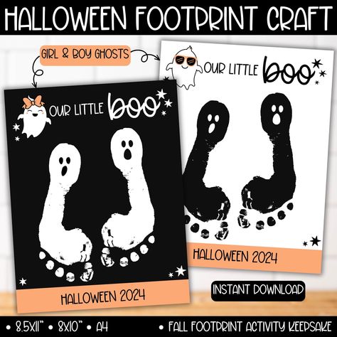 2024 Halloween Ghost Hand Print Footprint Craft, Toddler Printable Art, Kids Art Display, Easy Pumpkin Handprint Crafts Preschool for Kids Footprint Ghost Craft, Ghost Footprint Craft, Fall Art Preschool, Footprint Ghost, Kindergarten Pumpkin, Pumpkin Handprint, Pumpkins Kindergarten, Art Preschool, Footprint Craft