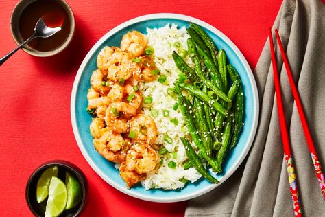 Sizzling Ginger Shrimp with Katsu Sauce Recipe | HelloFresh Hoisin Shrimp, Katsu Sauce Recipe, Shrimp Over Rice, Crispy Green Beans, Shrimp Marinade, Plats Healthy, Fresh Meals, Hello Fresh Recipes, Roasted Green Beans