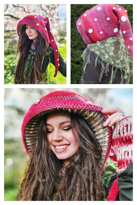 Amanite Hood Crochet Pattern Crochet Hood Hat Pattern Free, Crochet Fae Elf Hood Free Pattern, Hood Pattern Crochet, Crochet Hat Hood, Crochet Patterns Fine Yarn, Crochet Cowl With Hood, Ren Fest Crochet, Mushroom Hat Crochet Pattern Free, Crochet Hood Free Pattern