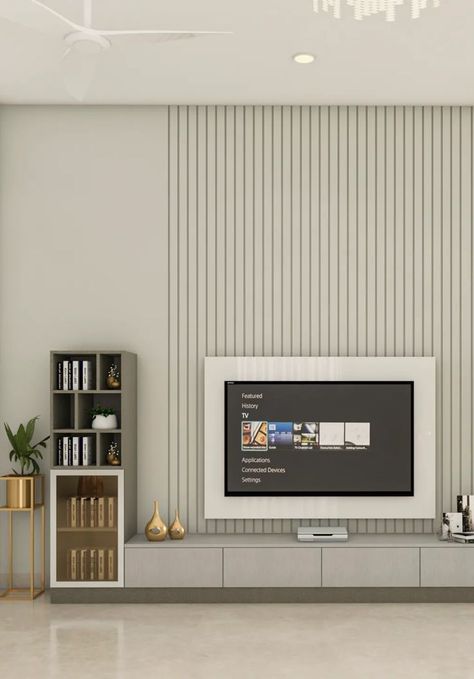 Modern TV Unit Design White And Grey Tv Unit, Tv Unit With Fluted Panels, Fluted Tv Unit, Tv Cupboards, Modular Tv Unit, Modern Tv Unit Design, Latest Tv Unit Designs, Tv Cabinet Designs, Tv Unit White